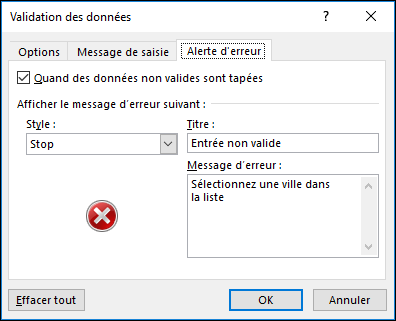 Options de Message d’erreur de liste déroulante Validation des données