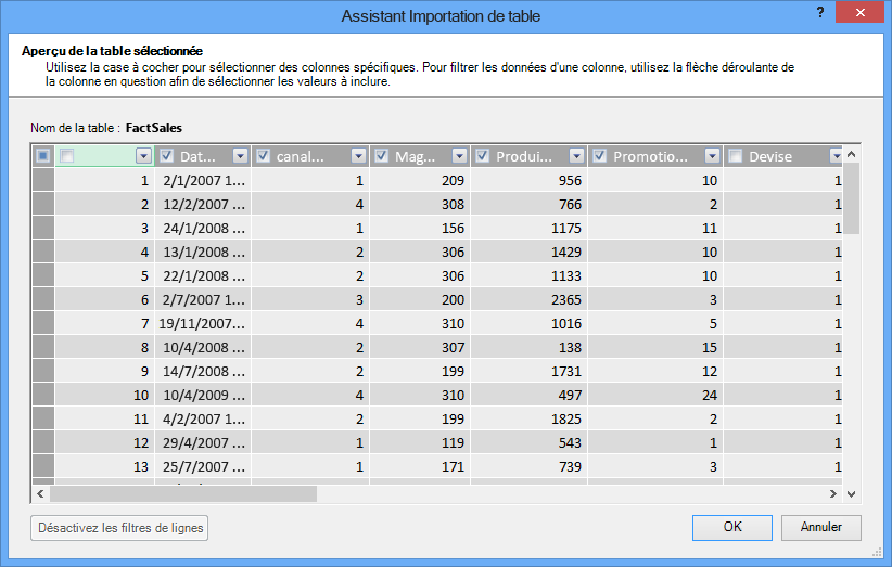 Volet de visualisation dans l’Assistant Importation de table