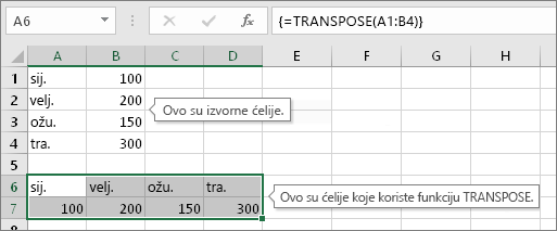 Izvorne su ćelije prikazane iznad, dok su ispod prikazane ćelije s funkcijom TRANSPOSE