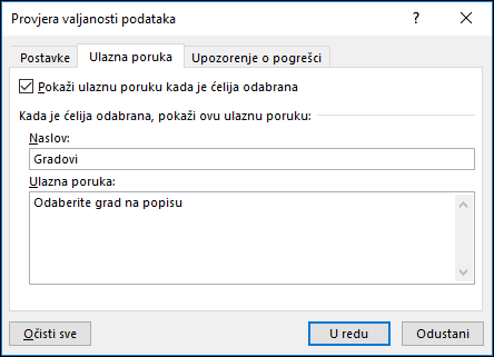 Mogućnost poruke o provjeri valjanosti podataka pri unosu