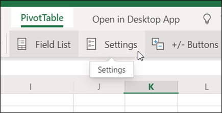 The Settings button on the PivotTable tab in Excel za web