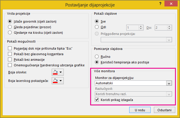 Mogućnosti monitora u dijaloškom okviru Postavljanje dijaprojekcije