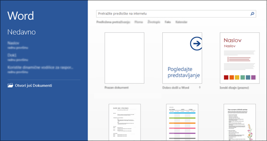 Početni zaslon programa Word