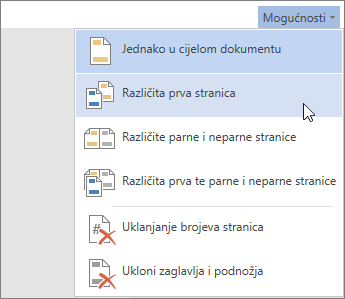 Izbornik Mogućnosti zaglavlja i podnožja u web-aplikaciji Word Online