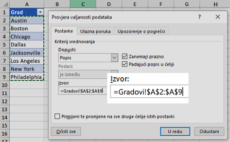 Mogućnosti popisa za provjeru valjanosti podataka