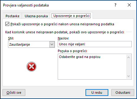 Mogućnosti poruka o pogrešci pri provjeri valjanosti na temelju padajućeg popisa