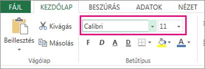 Betűtípus-beállítások az Excel menüszalagján