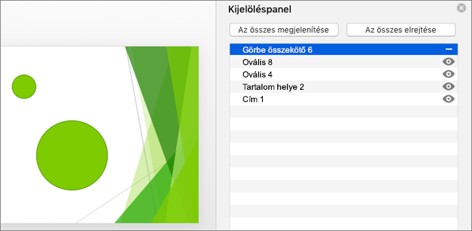 A Mac Office 2016 Kijelöléspanelén lévő elrejtés funkciót ábrázolja