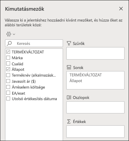 Kimutatás mezők a webes Excelben