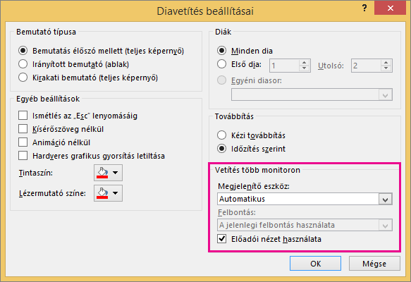 Monitorbeállítások a Vetítési beállítások párbeszédpanelen