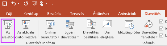 „Az elejétől” gomb a PowerPoint Diavetítés menüszalaglapján