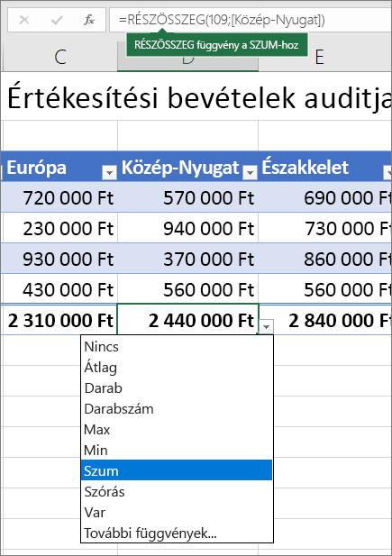 Példa az Összegsor képlet kijelölésére az Összegsor képlet legördülő listából