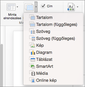 A képernyőképen a Helyőrző beszúrása legördülő menü elemei láthatók: Tartalom, Tartalom (függőleges), Szöveg, Szöveg (függőleges), Kép, Diagram, Táblázat, SmartArt, Média és Online kép.