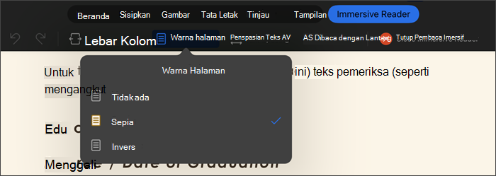 cuplikan layar pembaca imersif dengan warna halaman dipilih, opsi tidak ada, sepia, inversi