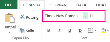 opsi font pada Pita Excel