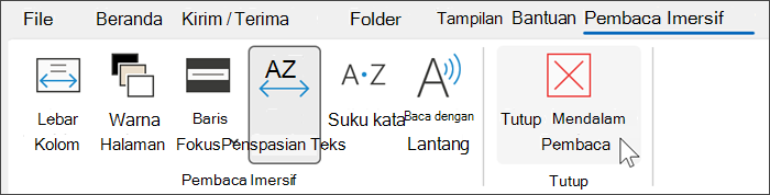 Alat pembaca imersif di outlook dengan kursor mengarahkan mouse ke atas "tutup"