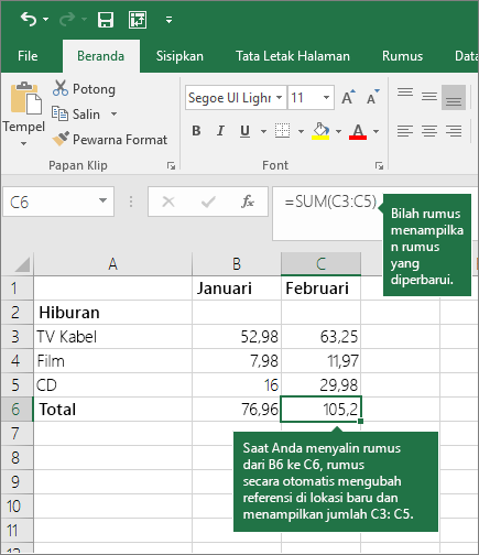 Ketika Anda menyalin rumus, referensi sel diperbarui secara otomatis