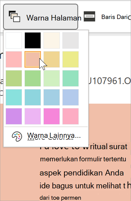 cuplikan layar menu turun bawah warna halaman untuk pembaca imersif. Palet warna diperlihatkan dan latar belakang yang terlihat di belakang menu menurun adalah pastel oranye