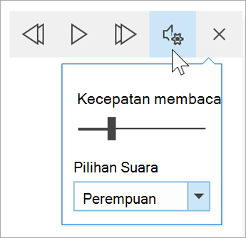 cuplikan layar toolbar opsi suara pembaca imersif. Mouse mengarahkan mouse ke atas pengaturan yang menampilkan tombol alih untuk kecepatan membaca dan menurun untuk pemilihan suara