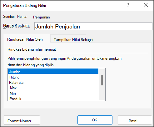 Tab Subtotal & Filter dalam kotak dialog Pengaturan Bidang