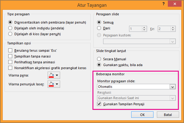 Opsi Monitor dalam kotak dialog Siapkan Peragaan