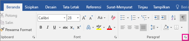 Panah untuk membuka kotak dialog Paragraf disorot pada tab Beranda.