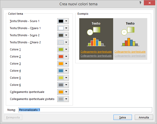 mostra finestra di dialogo per la creazione di un colore personalizzato per il tema in PowerPoint