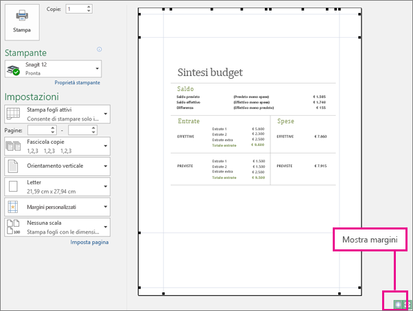 Casella Mostra margini in Anteprima di stampa