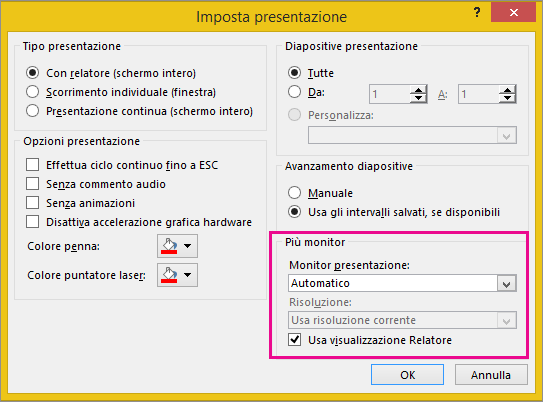 Opzioni dello schermo nella finestra di dialogo Imposta presentazione