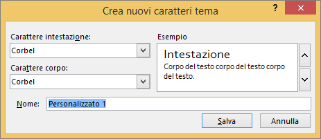 Finestra di dialogo per la creazione di tipi di carattere personalizzati per il tema in PowerPoint