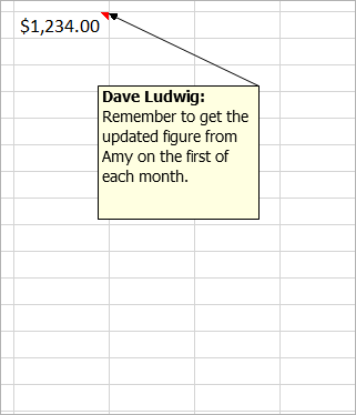 $1,234.00 のセルに、次のような古いコメントが添付されています。"Dave Ludwig: この数字は正しいですか?"