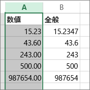 [数値] と [標準] のように異なる表示形式での数値の表示サンプル