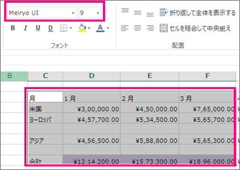 既定のワークシート フォントから別のフォントへの変更。