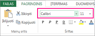 šrifto parinktys „Excel“ juostelėje