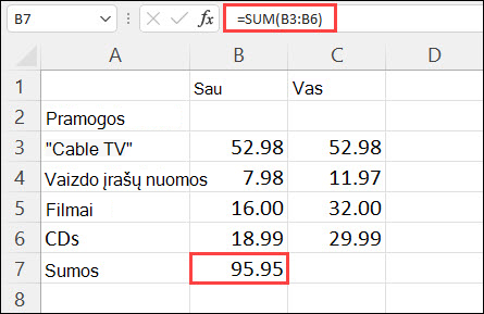 Automatinės sudėties rezultatas langelyje B7