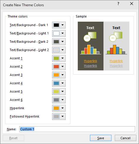 rodomas pasirinktinės temos spalvų dialogo langas programoje „PowerPoint“