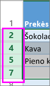 pažymėkite antraščių diapazoną aplink paslėptas eilutes arba stulpelius