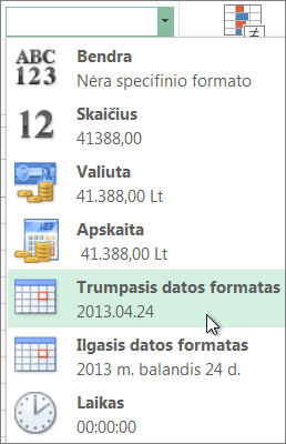 Skaičių formatų galerijoje esanti komanda Trumpoji data