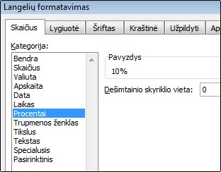 Procentų kategorija dialogo lange Langelių formatavimas