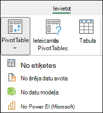 Ievietot rakurstabulas nolaižamo izvēlni, kurā tiek rādīta opcija "no Power BI".