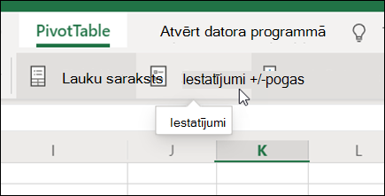 Poga Iestatījumi rakurstabulas cilnē Excel tīmeklim