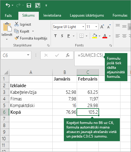 Kopējot formulu, šūnu atsauces tiek atjauninātas automātiski