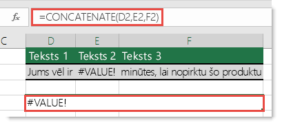 Kļūda #VALUE! funkcijā CONCATENATE