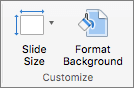 Ekrānuzņēmumā redzama grupa Pielāgot ar opcijām Slaida izmēri un Formatēt fonu.