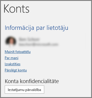 Konta panelis, kurā redzama konta konfidencialitāte, poga Pārvaldīt iestatījumus