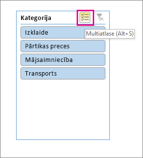 Datu griezumu iespējas ar iezīmētu vairākatlases pogu