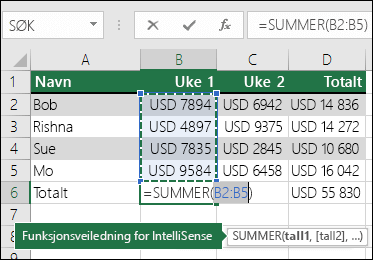 Celle B6 viser Autosummer summer-formelen: =SUMMER(B2:B5)