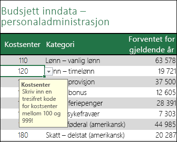 En inndatamelding vises når brukere merker cellen