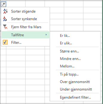 de egendefinerte filtreringsalternativene som er tilgjengelige for tallverdier.