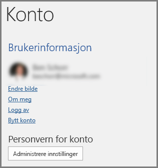 Konto-panelet som viser Personvern for konto og Administrer innstillinger-knappen